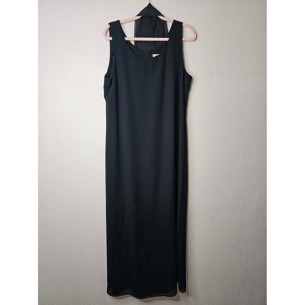 Studio I Black Sleeveless Maxi Dress with Matching Scarf Floral Embroidery Sz 14